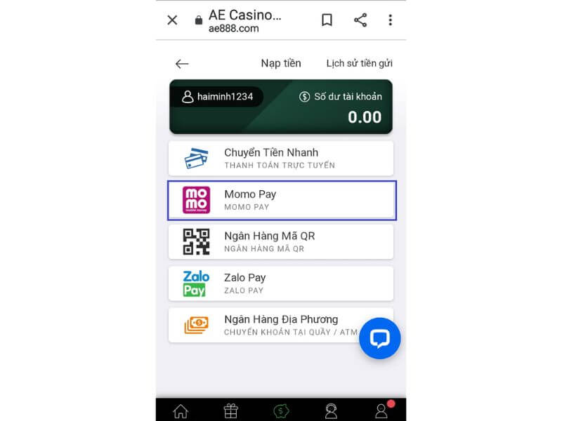Nạp tiền ae888 qua hình thức quét mã QR momo