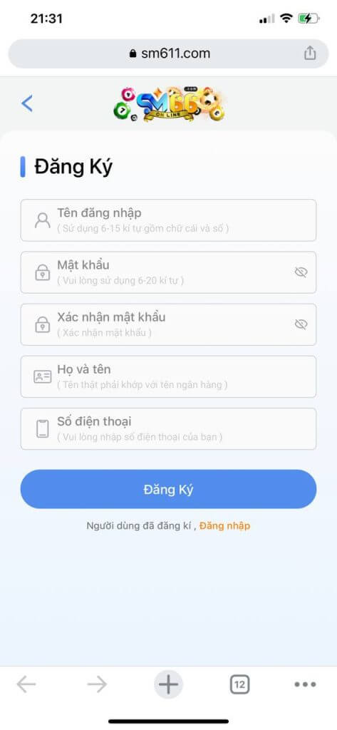 Giao diện đăng ký tài khoản SM66 trên di động