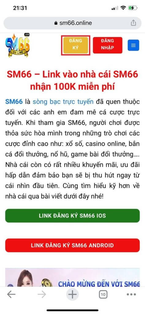 Truy cập vào website của nhà cái SM66 trên di động