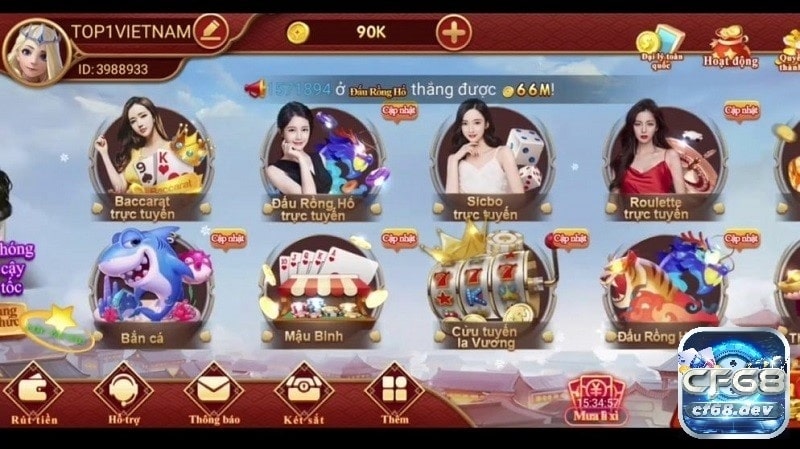 Đa dạng danh mục slot game cá cược trên CF 68