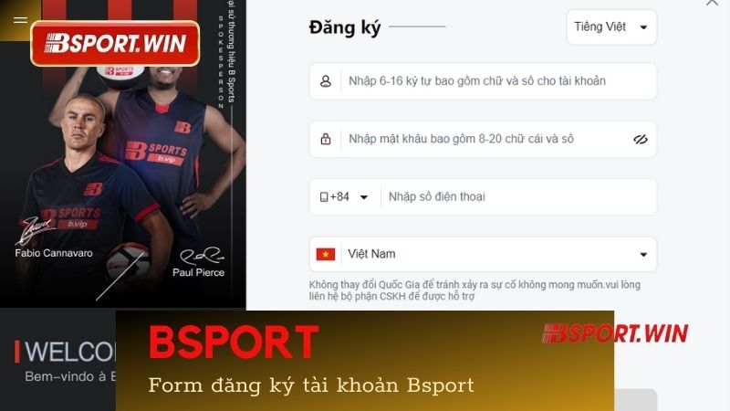 Form đăng ký tài khoản cá cược tại nhà cái Bsport