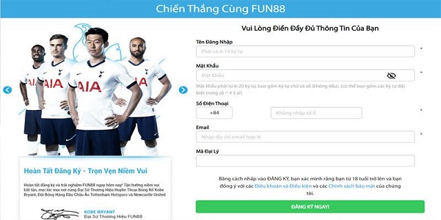 Biểu mẫu đăng ký khi chơi tại nhà cái Fun88