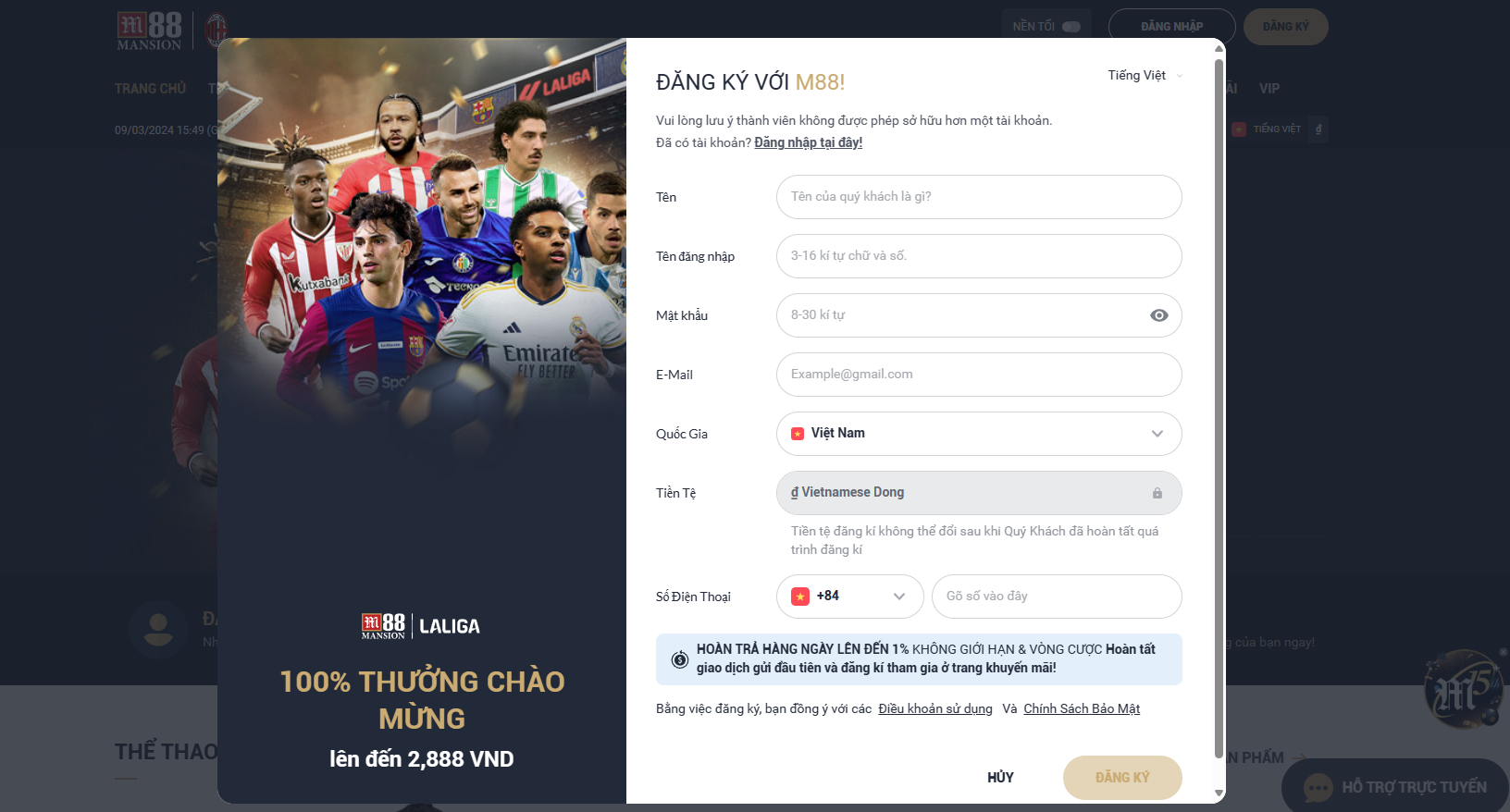 Giao diện đăng ký thành viên M88 