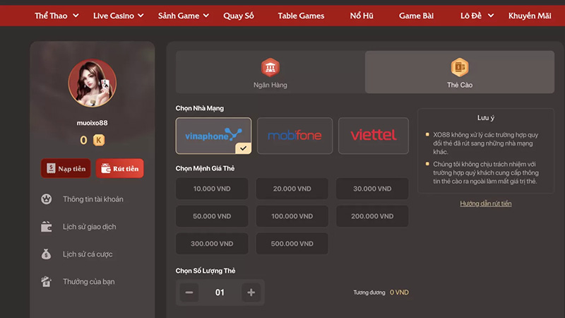 Các phương thức nạp tiền XO88
